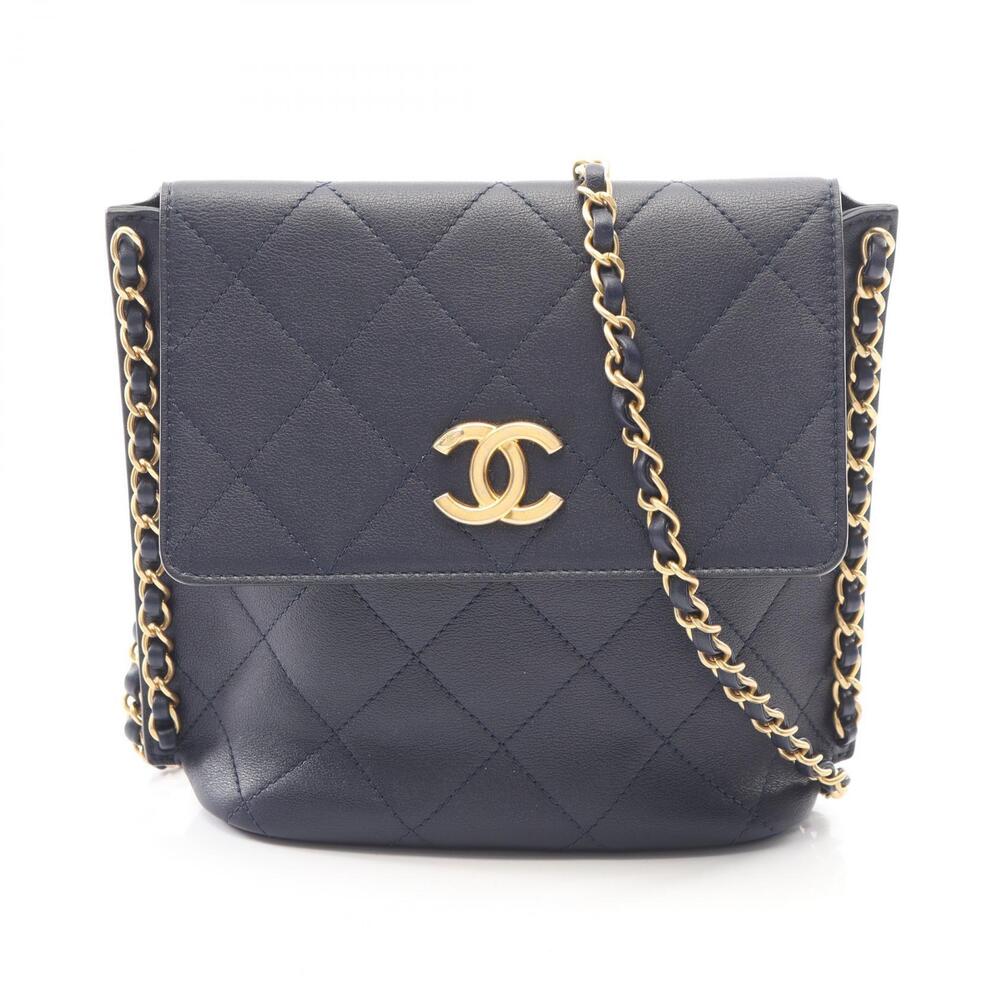 Chanel Matelasse Shoulder Bag Lambskin Sheepskin Leather Navy Blue